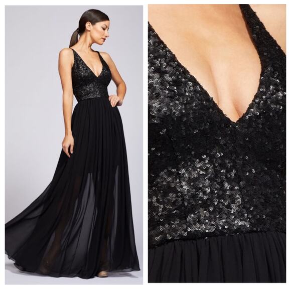 Dress the Population Lori Sequin Plunging Chiffon Gown Maxi Dress Size L NWT